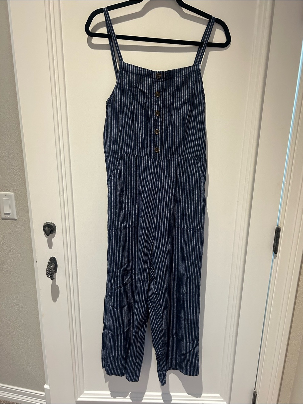 Old Navy Navy Pinstripe Button-Front Jumpsuit